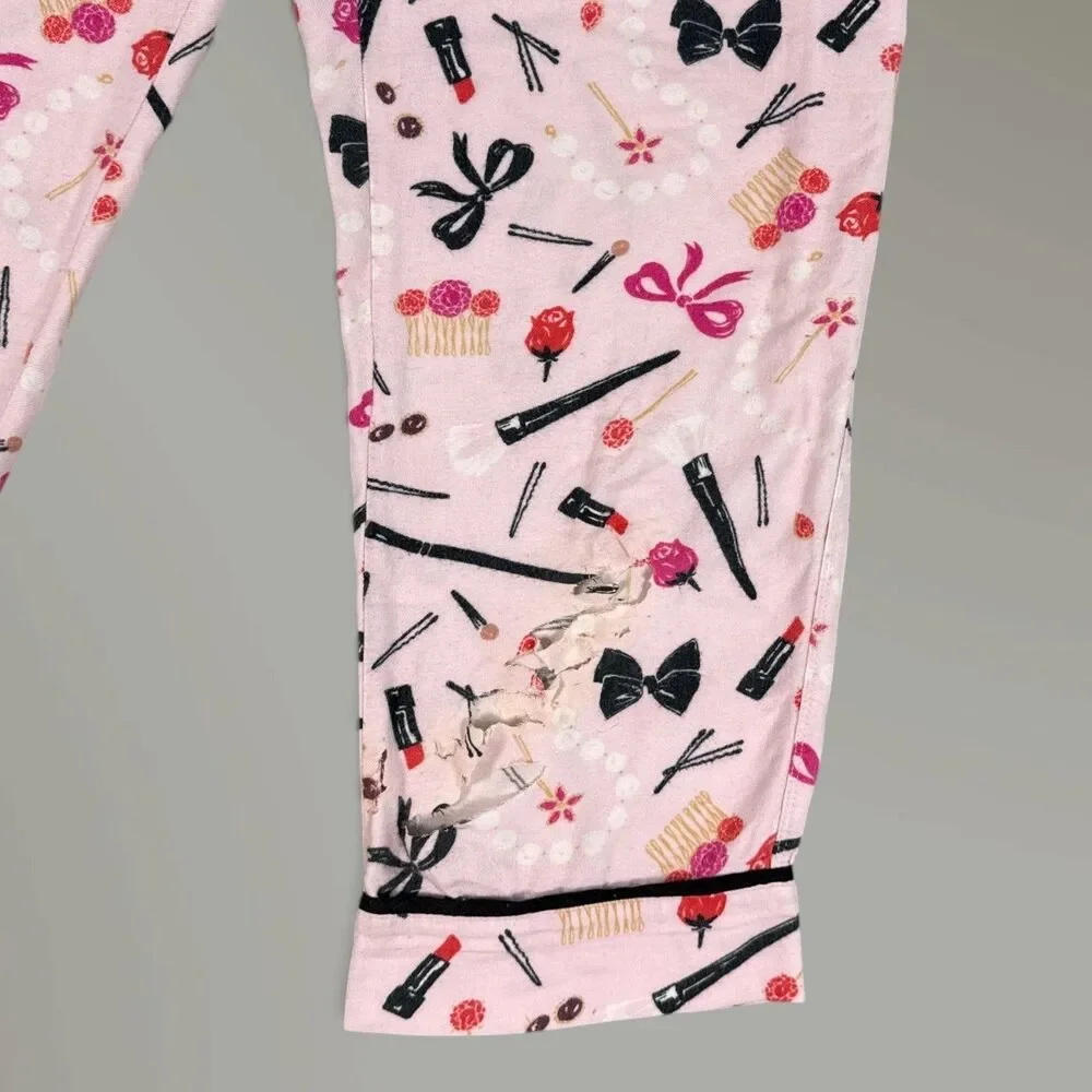 Kate Spade Pink Flannel Pajama Set Makeup Lipstick Bows Sz Med READ DESC.